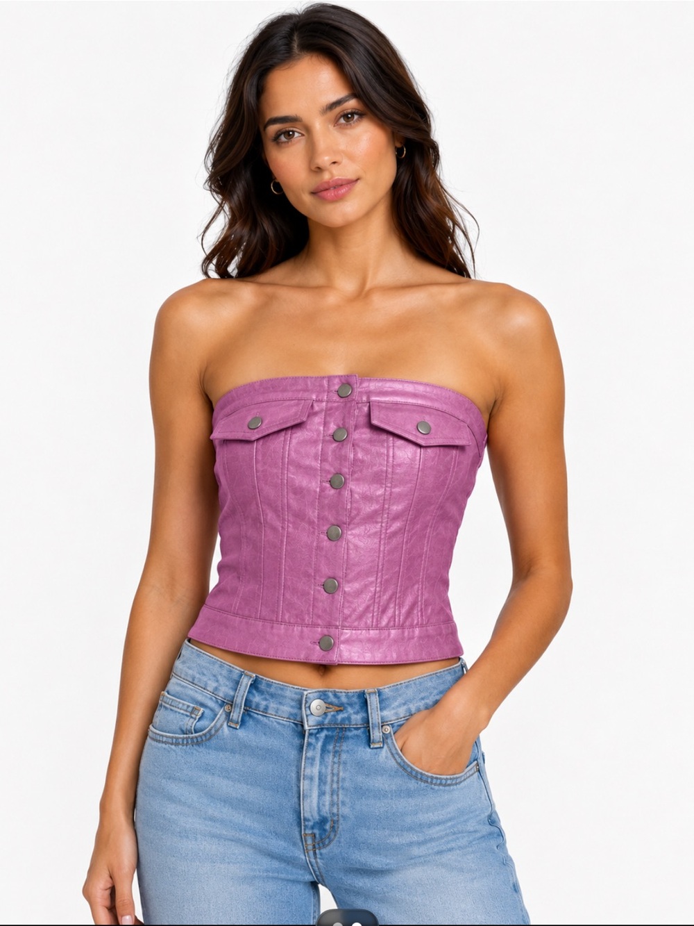 NWT! Project Rebel Metallic Pink Coated Denim Strapless Tube Top Medium